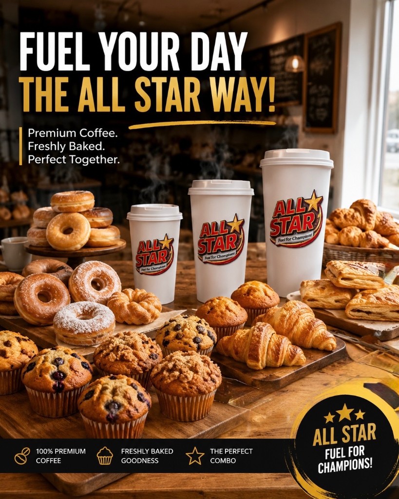 All Star premium coffee and freshly baked goods
