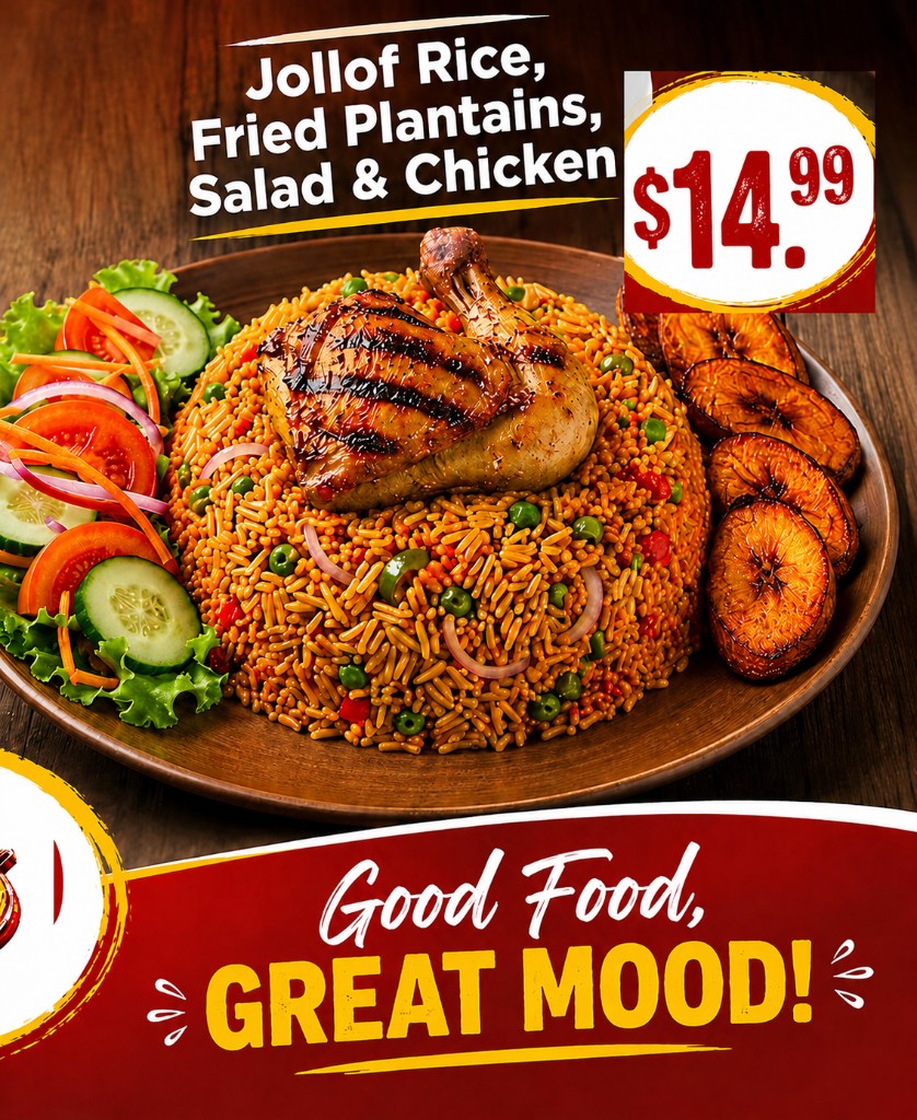 Jollof rice with plantains and chicken